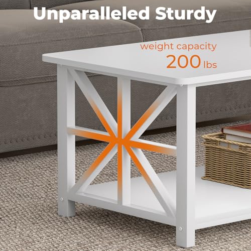 Image of GreenForest Coffee Table for Living Room with Round Corners | Modern Style Center Table with Storage Shelf,39 Inch X-Frame Sofa Table,Space Saving,Easy Assembly,Full Wh