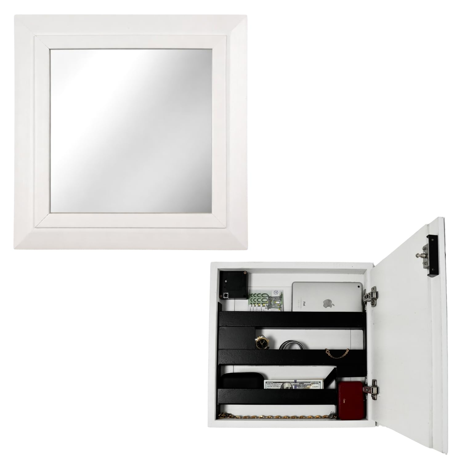 Espejo Blanco con Compartimento Secreto y Doble Fondo Oculto | Caja Fuerte camuflada con Cerradura NFC/RFID | Mueble de Seguridad para Joyas, Dinero y Documentos | Montado