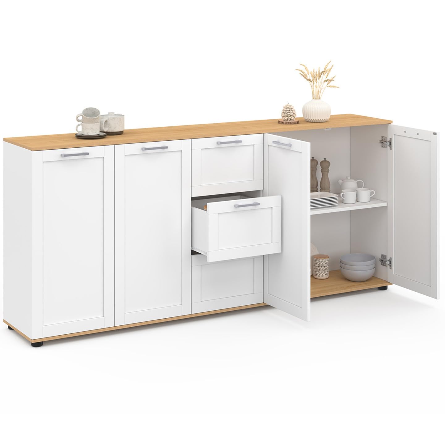 IDMarket - Buffet 180 cm VITO XXL 4 Portes avec 3 tiroirs Bois et Blanc