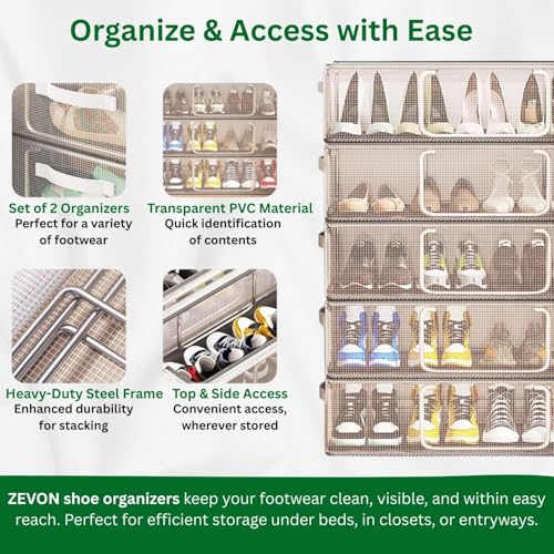 Image of ZEVON Shoe Storage Organizer Set of 2 - Durable Transparent PVC material with Steel Frame, Stackable and Foldable, fit Underbed, Space Saving Design, Top & Side Access