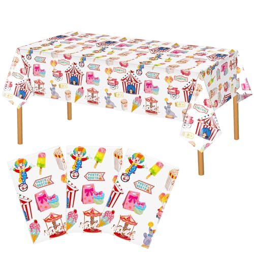 Image of Hxezoc 3 Pack Circus Party Tablecloths, 54 x 108 Inch Disposable Plastic Carnival Table Cover for Carnival Birthday Party Decorations Outdoor Indoor Supplies