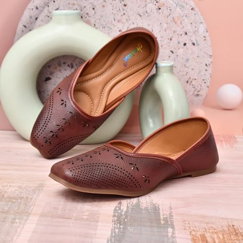 Image of Duosoft Women's Leather Ballet Flats, Black Perforated Design, Comfort Cushioned Insole, Slip-On Style Bellies Dw-201-Tan