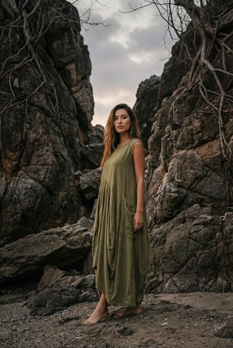 Image of Thaluta Women's Boho Cotton Sleeveless Dress Casual Loose Fit Maxi Dress with Big Pockets Fair Trade Light Summer Sundress