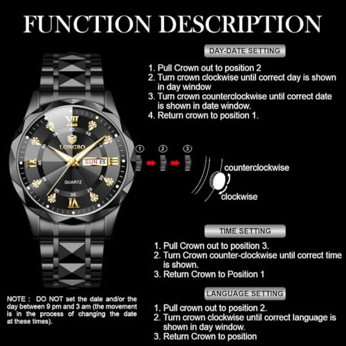 Image of Longbo Zenith Watch for Men Analog Quartz Dress Diamond Business Stainless Steel Watches Waterproof Luminous Date Luxury Men's Wristwatch | Birthday Gift For Men | Gift For Husband | Gift For Brother (Black Black)