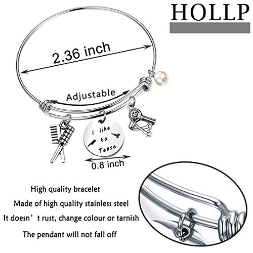 Image of HOLLP Expandable Hairdresser Bracelet Hair Stylist Charm Bracelet with Comb Hair Drier Charm Hairdresser Jewelry I like to Tease Bracelet Gift for Stylists