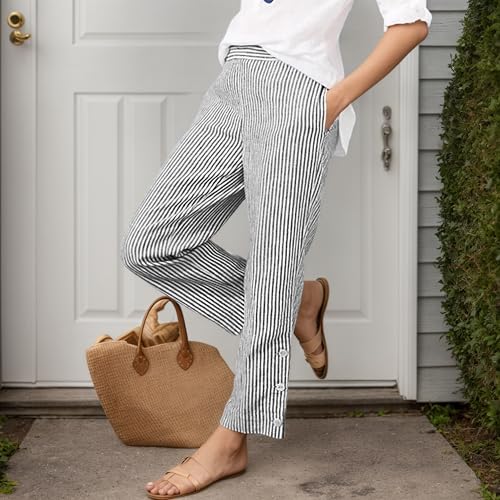 TIAFORD Women's Casual Loose Striped Straight Wide Leg Pants Summer Elastic Waist Beach Petite Pants with Pockets2