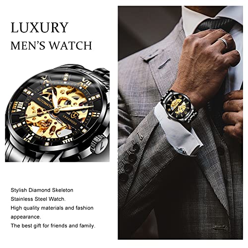 A Alps Mens Watch Skeleton Luxury Mechanical Stainless Steel Waterproof Black Automatic Self-Winding Roman Numerals Diamond Dial Wrist Watch #TOP4