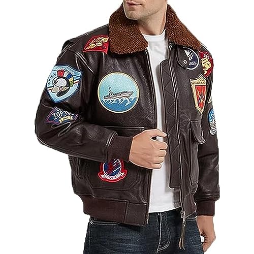 Mens Leather Tom Cruise USAAF G1 Maverick Aviator Pilot Removable Fur Collar Bomber Jacket (XL)