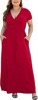 Women's XL-5XL Plus Size Maxi Dresses Short Sleeve V-Neck Dress with Pockets
