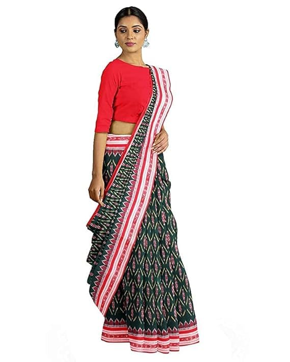 Image of Ikat Women's Cotton Saree, Handmade Pure Cotton Khandua Saree, Ikkat Orissa Traditional Handloom Saree Without Blouse