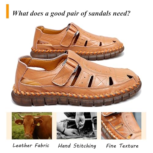 Moodeng Hiking Sandals for Men Outdoor Leather Loafers Non-Slip Sport Sandals Closed Toe Slip on Shoes Comfortable Boat Shoes Dark Brown Size 112