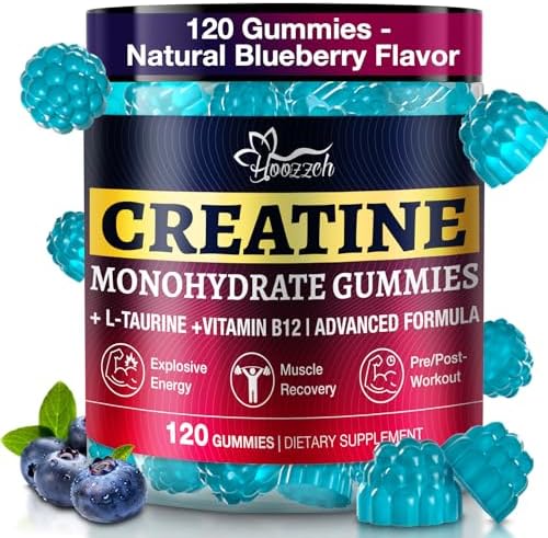 Creatine Gummies for Men & Women - 5G Per Serving, Blueberry Creatine Monohydrate Gummies with L-Taurine, BCAA 2:1, B12 B6 - Gluten Free, Vegan Friendly, 120 Count