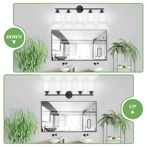 Image of 5-Light Bathroom Light Fixtures, E26 Base Vanity Lights for Mirror with Textured Milky White Glass Shade, Modern Kitchen Light Fixtures Wall Sconce Light - Black