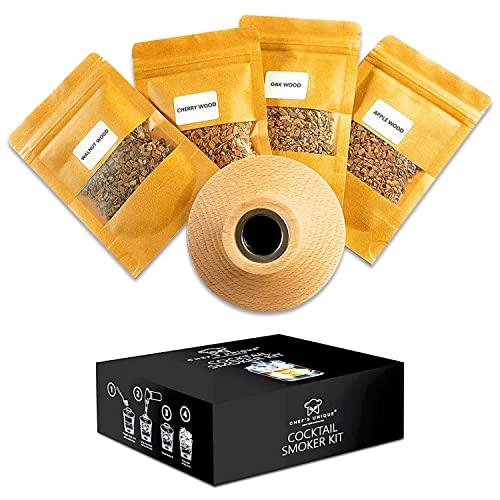 Chefs Unique Whiskey Smoker Kit - Infuse Bold Flavors with Apple, Cherry, Oak, and Walnut Wood Chips - Perfect for Bourbon Old Fashioned Cocktails