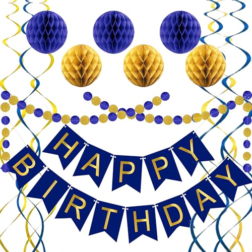 Image of Blue Birthday Decorations, Happy Birthday Banner with Honeycomb Balls, Circle Dot Garland and Hanging Swirl Decorations for Women Men Boys Girls (Blue Gold)