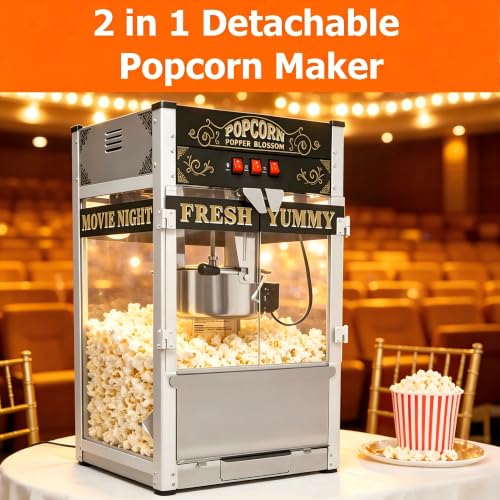 Image of 32oz Commercial Popcorn Machine with Wheels, Vintage Black Cart with Stand | 32OZ Stainless Steel Kettle, Tempered Glass Professional Pop Corn Maker, Large Capacity for Hallloween Parties, Home Theater