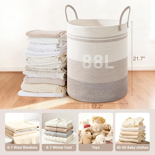 Image of 88L Large Tall Cotton Rope Laundry Basket with Handles, Brown Striped