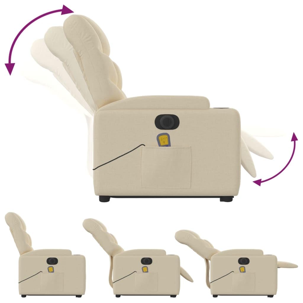 Sillón elevador eléctrico reclinable de tela crema con 6 puntos de vibración y función de elevación automática para un asiento cómodo y relajación total