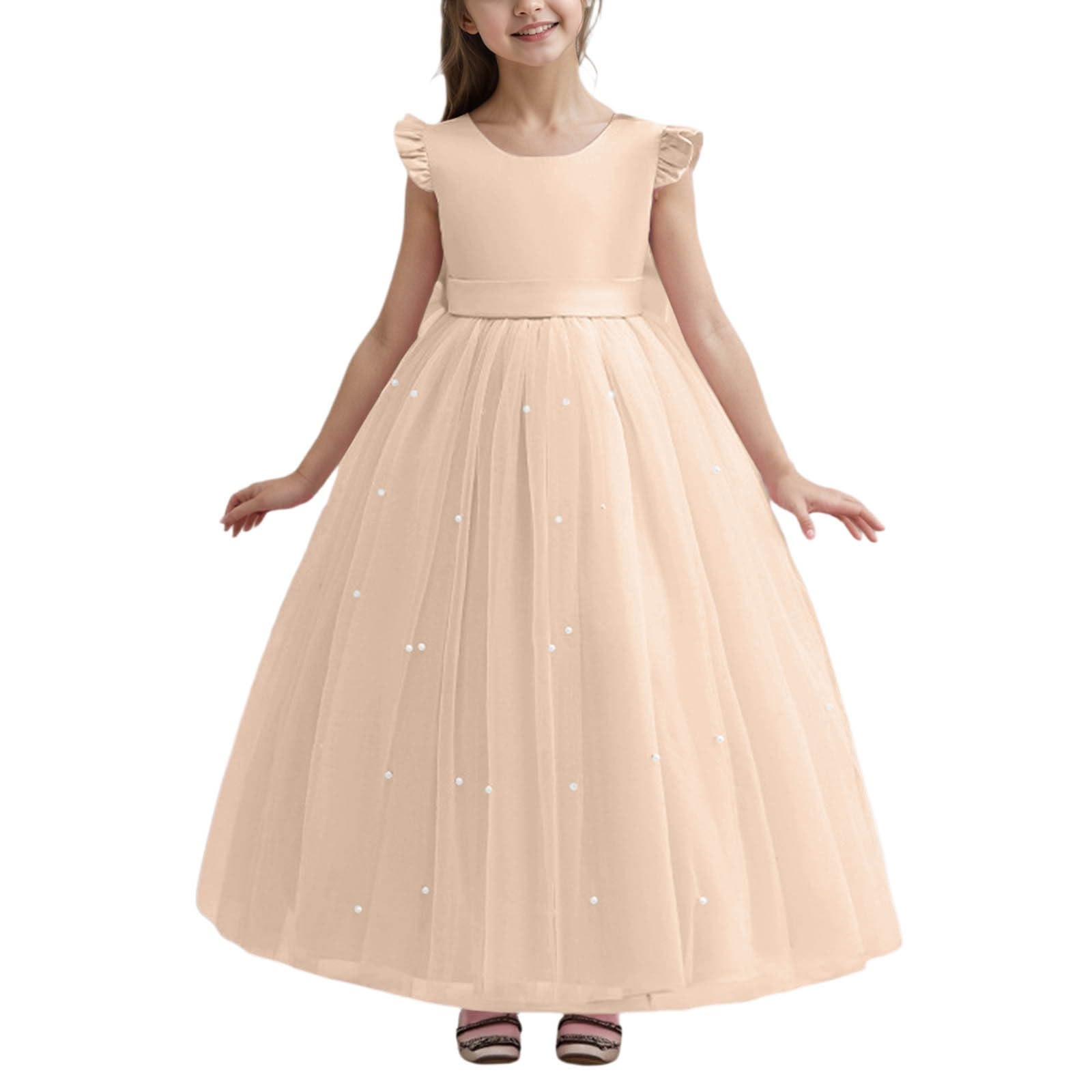 Generico Gonna Tulle Bambina Tutu Ballerina Bambina Gonna Tutte Le Stagioni Lunga con Fiocco E Perline, Abito Formale per Compleanni E Gare di Bellezza