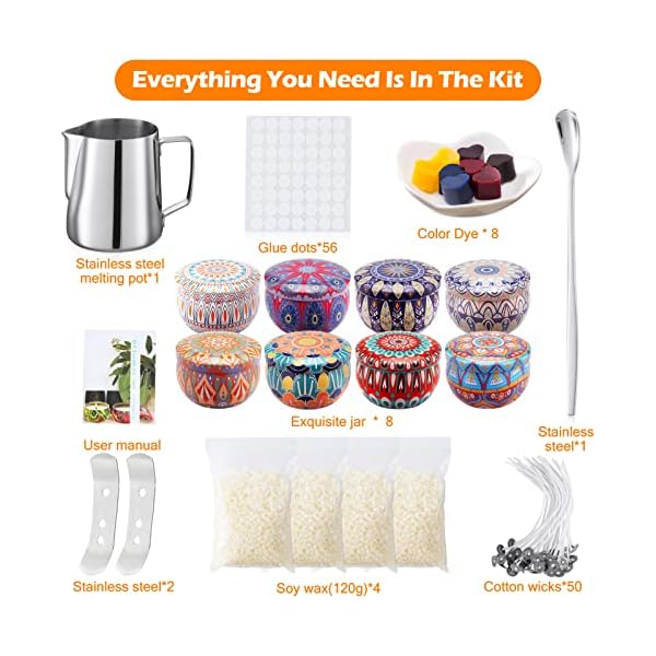 MAISITOO Kerzenherstellung Kit,DIY Kerzenherstellung ZubehÃ¶r,Duftkerze Geschenke Set einschlieÃlich Bienenwachs,Kerzendochte,Dochte Aufkleber,8 Kerzendosen,4 Farben Farbstoffe ect – Bild 3