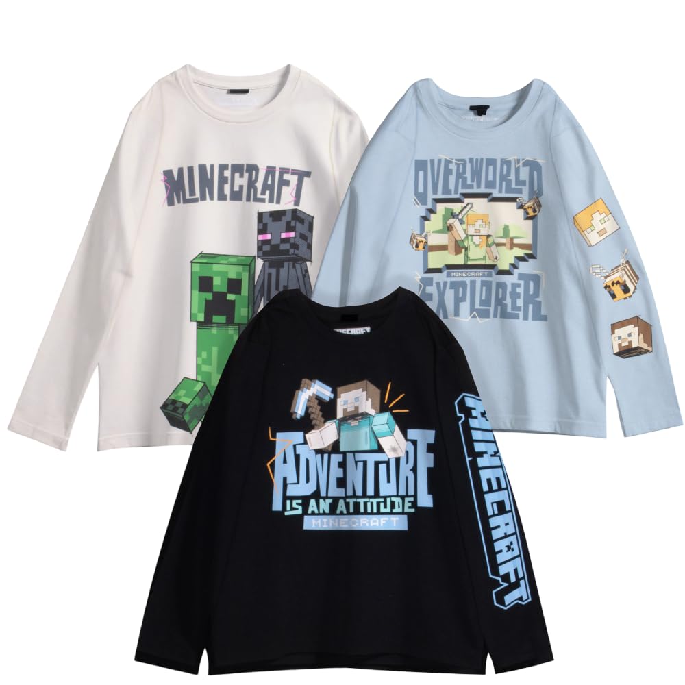 Minecraft Confezione da 3 magliette da ragazzo, a maniche lunghe, stampa grafica, in morbido cotone, magliette da gioco per bambini