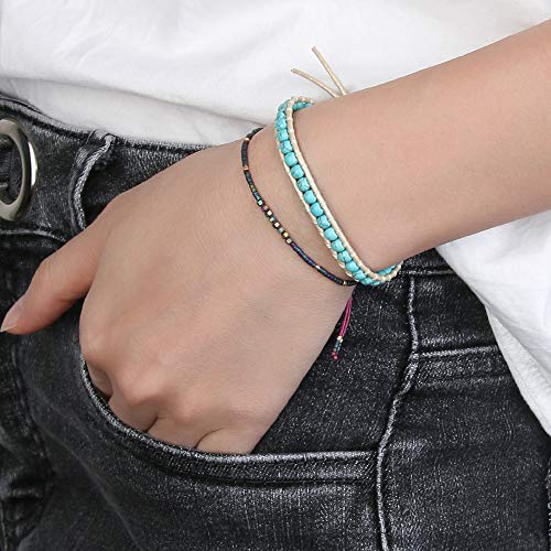 Image of C.QUAN CHI Turquoise Bracelets Handmade Woven Friendship Bracelets White Leather Adjustable Wrap Bracelets