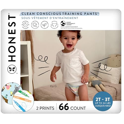 Image of The Honest Company Clean Conscious Training Pants for Sensitive Skin, Hypoallergenic, Fragrance-Free, Let's Color See Me Rollin', Size 2T/3T (up to 34 lbs), 66 Count