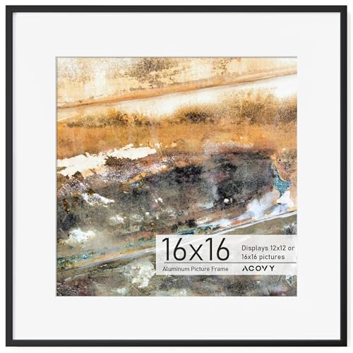 Acovy アルミフォトフレーム マット付き アルミニウムメタルフォトフレーム 強化ガラス付き 卓上ディスプレイまたは壁取り付け用 (16x16、ブラック)