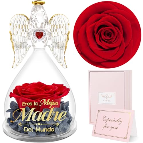 Sunia Regalos Originales para Madres,Rosa Eterna Angel Lleva Impreso Eres la Mejor Madre del Mundo,Flores Preservadas con Figura de Ángel,Regalo Mama Cumpleaños Navidad San Valentin Dia de la Madre