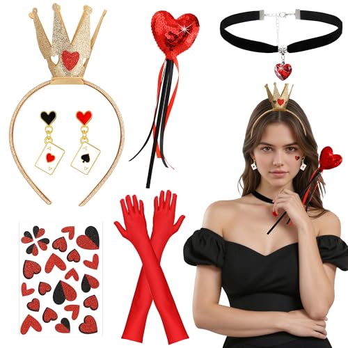 Photo de Queen of Hearts Costume de reine 6 pièces - Ensemble d'accessoires de costume de reine de cœur rouge avec couronne tige - Collier en forme de cœur - Boucles d'oreilles pour femmes et filles - Pour