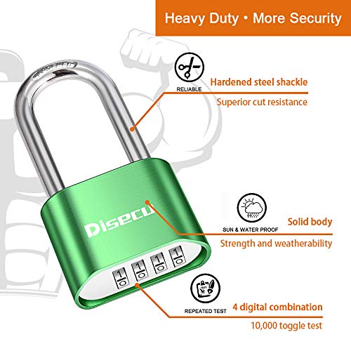 Image of 1 Pack disecu Heavy Duty 4 Digit Combination Lock, 2.5 Inch Long Shackle Outdoor Waterproof Padlock for School Gym Locker, Storage Unit, Fence, Gate, Toolbox (Green)