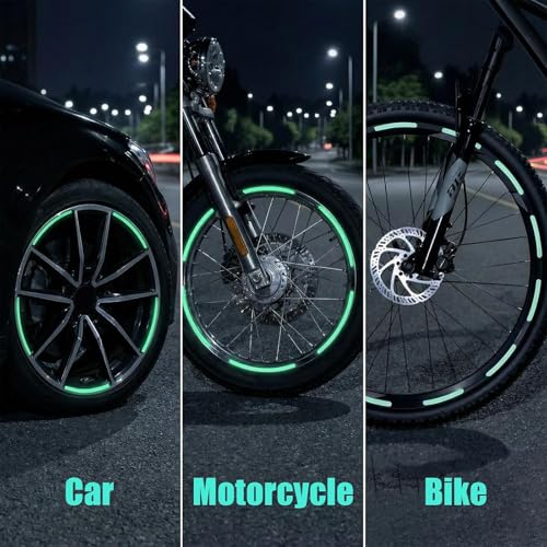 Image of Car Tyre Rim Reflective Stickers for Cars & Bikes, Night Visibility Warning Wheel Trim Safety Reflector Strips Waterproof Night Visibility Self Adhesive Universal Fit (Pack of 20, Neon)