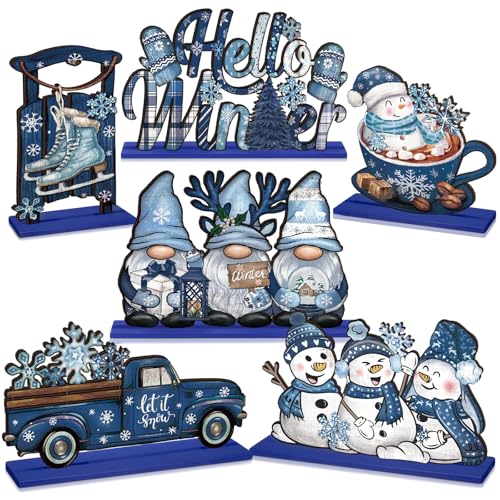 Realspring 6 Pcs Wooden Winter Table Decor Blue Winter Tiered Tray Decor Wood Decorative Gnome Snowman Truck Signs Hello Centerpieces for Kitchen Office Home