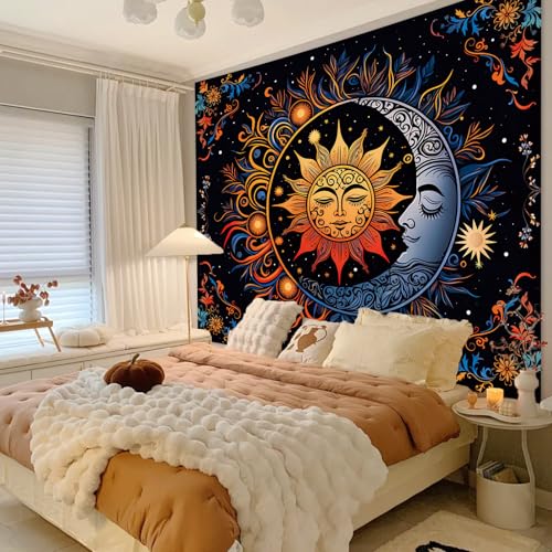 Hippie Sun and Moon Tapestry Wall Hanging for Bedroom Aesthetic, Boho Bohemian Hippy Mystic Floral Tapestries, Mandala Floral Backdrop Decor for Living Room Dorm (51"X60")
