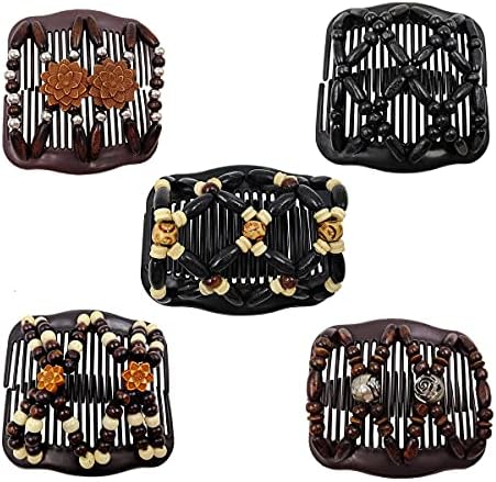 FXQHAN Women Magic Hair Combs Wood Beaded Stretch Double Side Combs Clips Bun Maker Hair Accessories,Pack of 5