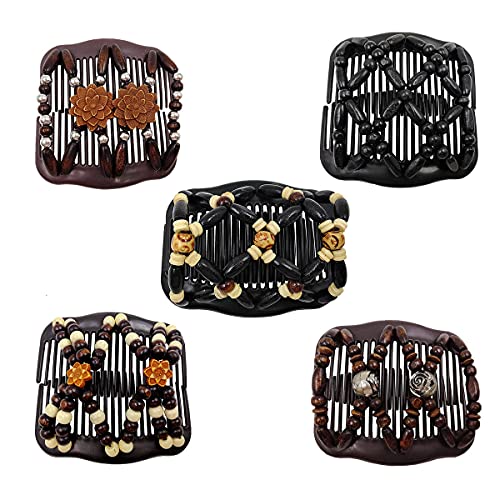 Fxqhan Women Magic Hair Combs Wood Beaded Stretch Double Side Combs Clips Bun Maker Hair Accessories,Pack Of 5 #TOP3