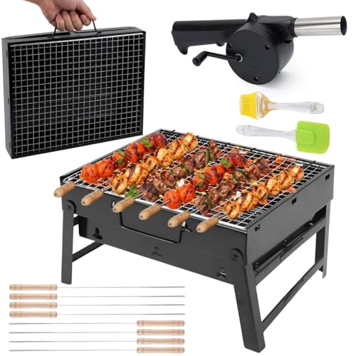 Image of Pivalo New 2025-26 Tandoori Foldable & Portable Charcoal Barbeque Grill Set 【5 Combo】: 【8-Sticks】 【1-Blower】 【1-Spatula】 【1-Oil Brush】 Heavy Duty BBQ for Home Outdoor Camping Picnic Travel Cooking