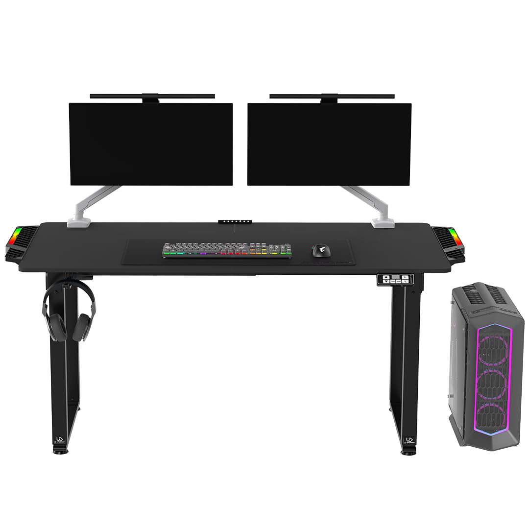 ULTRADESK Uplift V2 Schreibtisch für Spieler Gaming Tisch Stahlkonstruktion, Platz für DREI Monitore, Elektrische Höheneinstellung, mit RGB-LED, Inklusive Zubehör, 176 x 75 cm, Schwarz