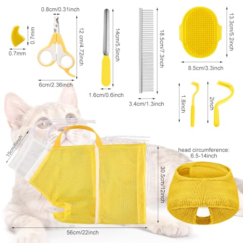 Image of 9 Pcs Cat Bathing Bag Set Cat Shower Bag Anti Bite and Scratch for Pet Grooming Washing Brush Comb Muzzle Nail Clipper Nail File Tick Tool (Yellow)