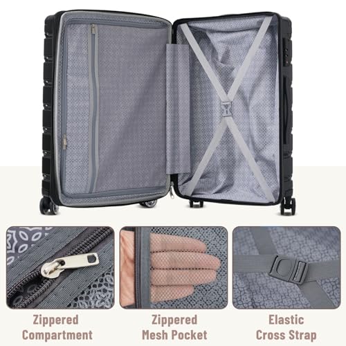 3-Piece Hardshell Luggage Set – Durable ABS+PC Suitcase with 360° Spinner Wheels, TSA Lock – Carry-On & Check-In Travel Luggage (20/24/28 Inch) for Men & Women (Black)4