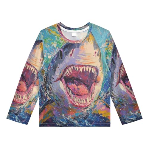 Shark Teal Rash Guard Shirt for Boys Sun Protection Shirt for Running Swiming Pool UPF50+ 7-8T