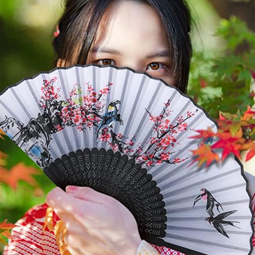 KINBOM 4pcs Folding Fans Handheld Bulk, Chinese Styled Vintage Flower Elegant Folding Fan Blue Black Folding Hand Fan Foldable Bamboo for Women Daily Use Party