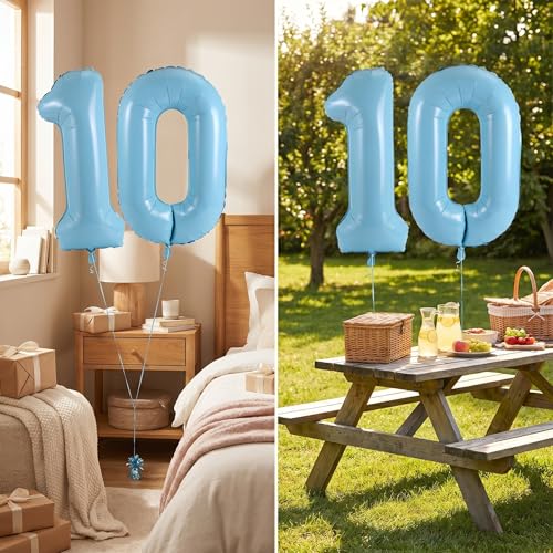 Image of Number 10 Balloon Foil Mylar Balloons for Birthday Party Decoration (Sky Blue, 32 Inch)