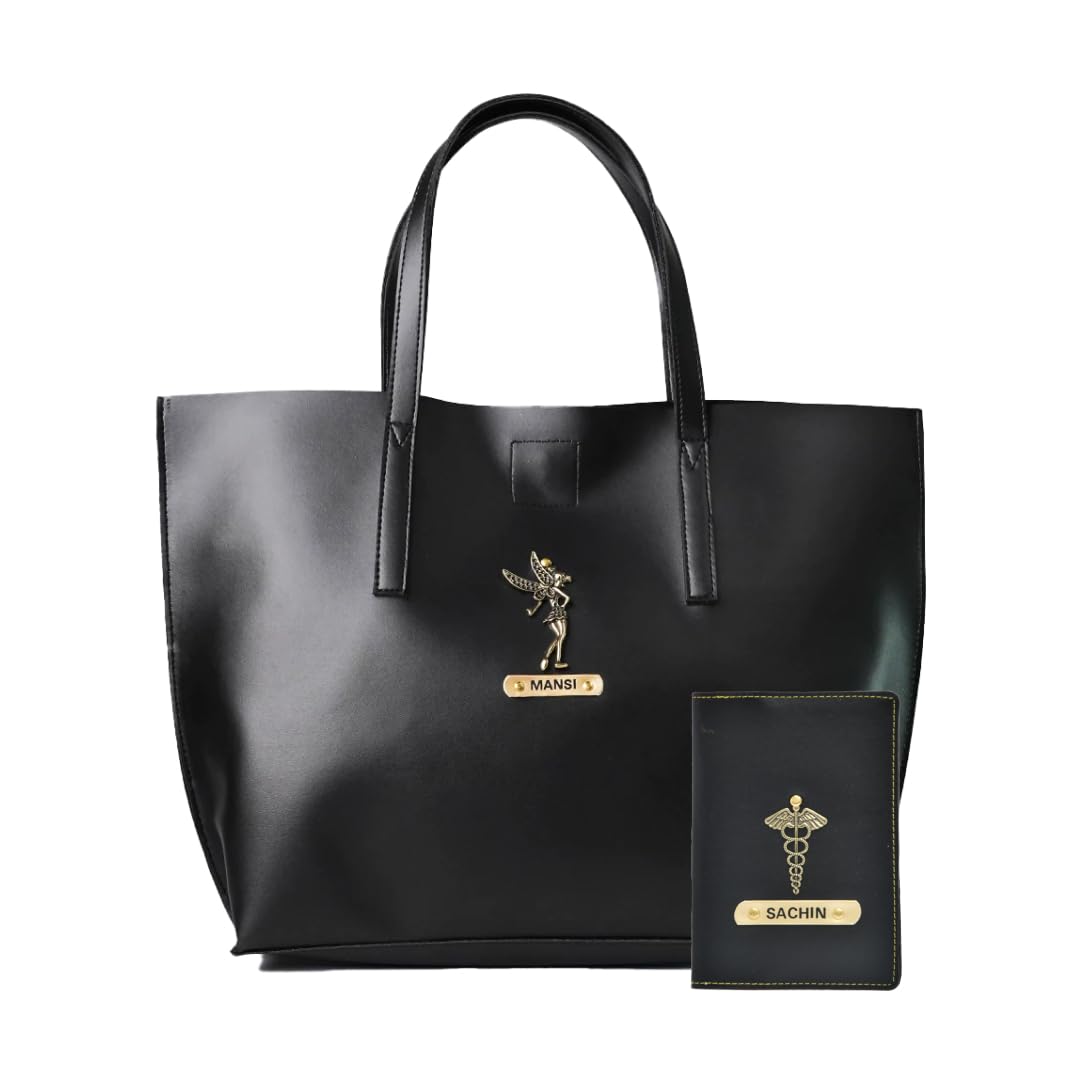Ahimsa Leather Personalized Womens Combo Leather Tote Bag and Passport Cover | Ladies Shoulder Bag | Customized Combo with Name and Charm (Black) (B0CG6R9T2R) Amazon Price History, Amazon Price Tracker
