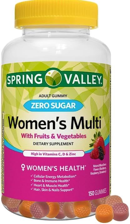 Spring Valley Zero Sugar - Gomitas múltiples para mujer, 150 unidades, paquete 01 + calcomanías de seguimiento de suplementos diarios