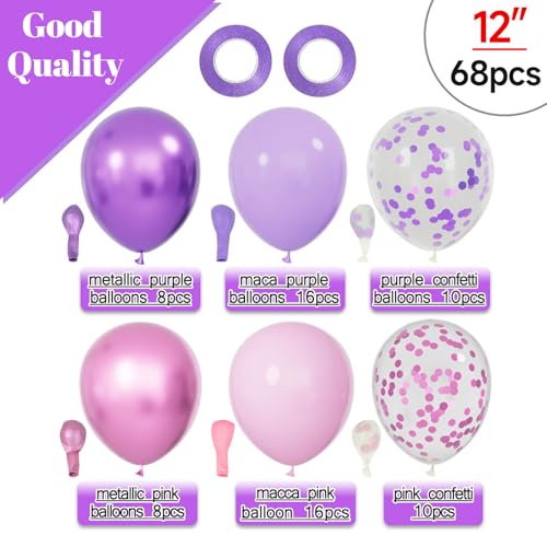 Image of 68Pcs Pink and Purple Balloons 12 Inch Metallic Purple Pink Latex Balloon Confetti ballons with Ribbons Party Balloons for Wedding Girls Birthday Baby Shower Decorations.