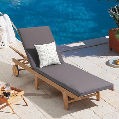 Image of Patiorama Patio Acacia Wood Chaise Lounge Chair, Pool Chair, Dark Grey | Foldable Lounge Chair Recliner with Adjustable Backrest, Wheels,Padded Cushion Portable Sun Lounger for Pool, Deck, Lawn