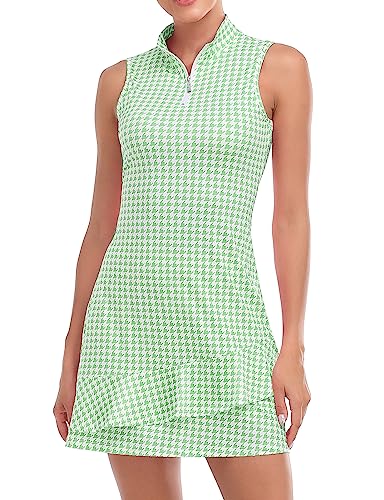 Viracy Tennis Dress For Women Sleeveless Golf Outfits With Inner Shorts, Pockets Lightweight Moisture Wicking For Workout, Hiking, Green Houndstooth-Small