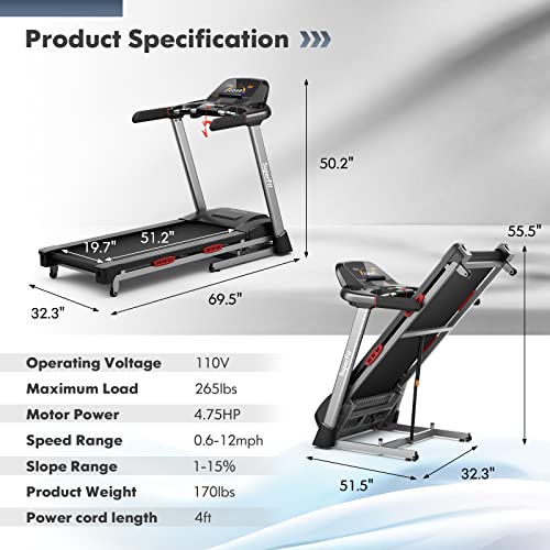 Image of GYMAX Folding Treadmill with 4.75HP, 15% Auto Incline, App Control & Bluetooth Speaker, Portable Self-Standing with Pules Sensor for Home Gym