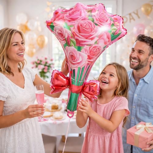 Image of Rozi Decoration Rose Bouquet Shape Foil Balloon for Birthday Decoration, Flower Theme Balloon for Anniversary, Romantic Celebration, Surprise Decor and Special Occasion Setup 1 Pcs